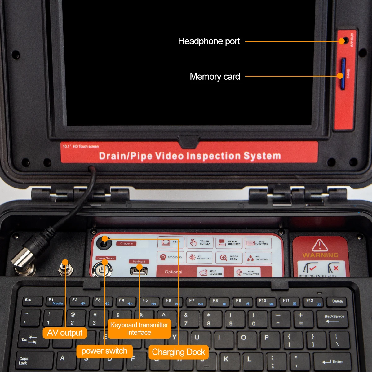 กล้องตรวจสอบท่อแบบปรับระดับอัตโนมัติ พร้อมเครื่องส่งสัญญาณ 512HZ หน้าจอสัมผัส HD ขนาด 10.1 นิ้ว พร้อม DVR 16GB บันทึกวิดีโอแบบอนาล็อก