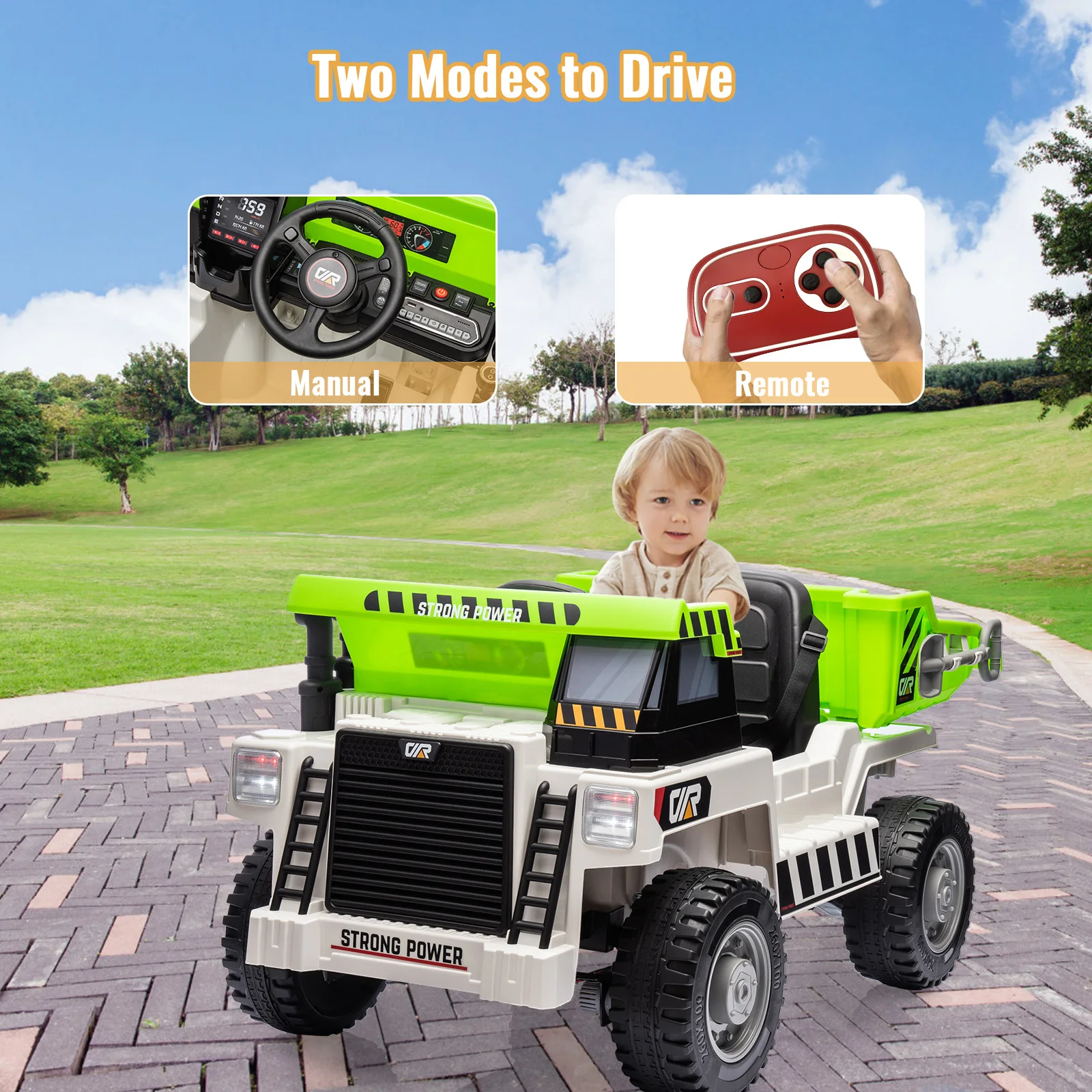 Camion à benne basculante pour enfants 12V avec télécommande, voiture jouet électrique à 2 vitesses, lit à benne basculante, pelle/lumières LED/musique pour jouer en plein air