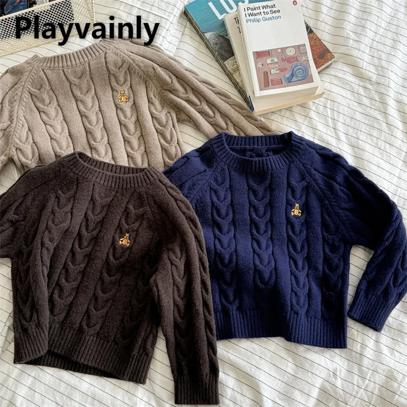

New Spring Autumn Children Pullover Sweaters Khaki Blue Brown Cute Bear Raglan Sleeve Knitted Tops Boy and Girl Clothes A5629