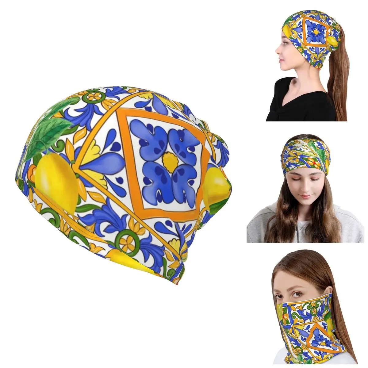 Custom Summer Lemons Citrus Sicilian Tiles Bandana Neck Gaiter for Running Wrap Scarf Balaclava Warmer Skullies Beanies Caps