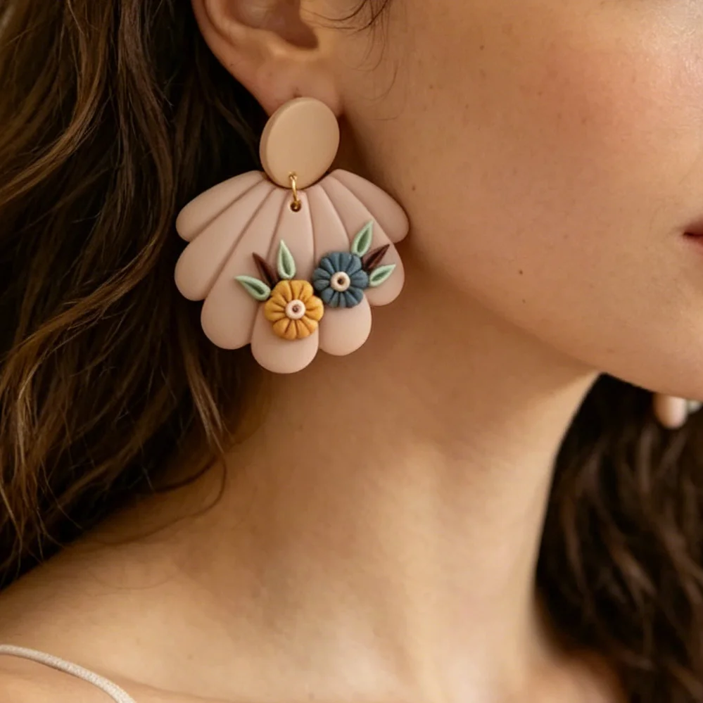 Women\'s Shell Shape Spring Polymer Clay Earrings Set with Multi-Color Flower Pattern Chunky Pendant for Party Jewelry Gifts