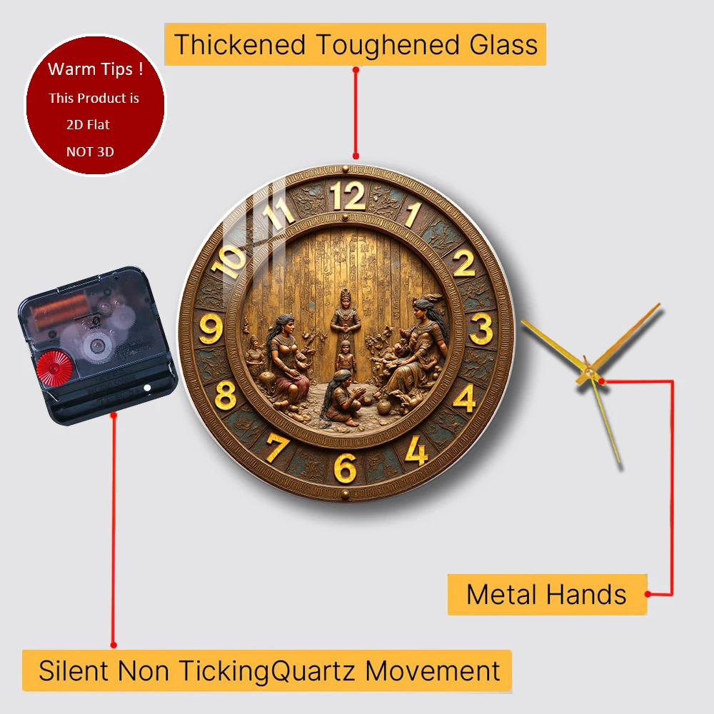 Tempered Glass Wall Clock Indian Deities Family Carving Suitable For Wall Decor or Tabletop Display Anywhere