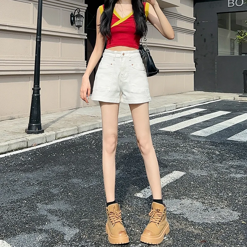 

Summer Thin Fashion Denim Wide-leg Shorts, Women's New High-waisted Slim-fit Spice Girl A-line Stretch Short Jeans Hot Pants