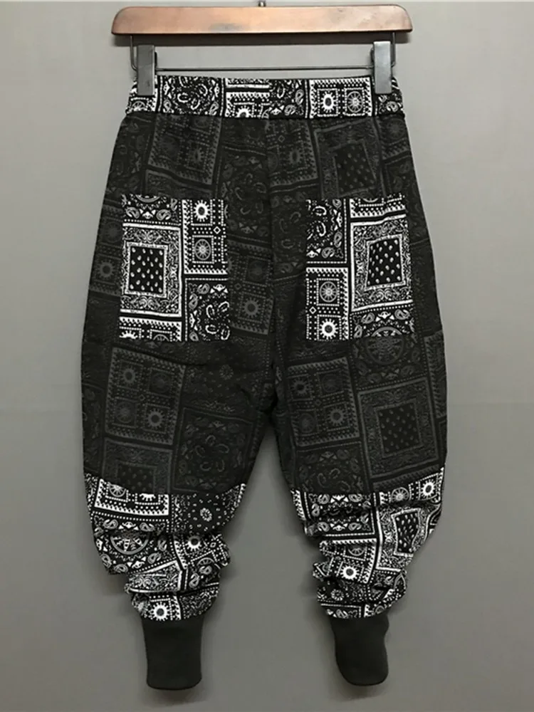 Harajuku Summer Mens Casual Floral Printed Harem Pants Drop Crotch Joggers Sweatpants Thin Elastic Waist Vintage Cross-pants