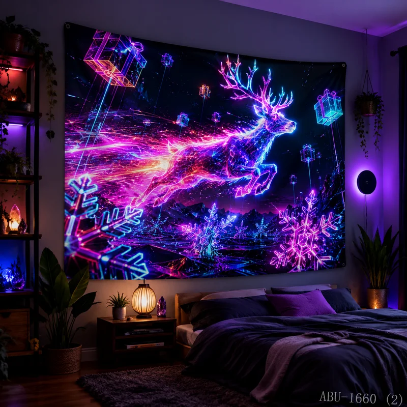 VIKAMA Neon Purple Blue Reindeer Standing Water Gift Reflection Snowflake Star City Window Christmas Tapestry Wall Hanging Soft