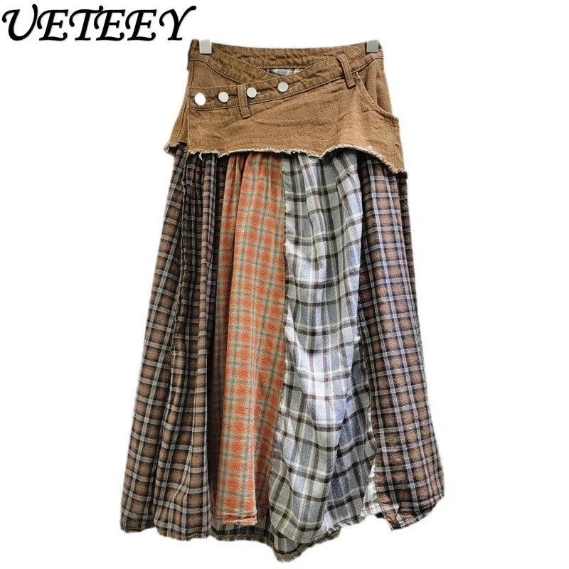 

Street Fashion Patchwork Plaid Denim Midi Skirt Women 2025 Autumn New Design Slimming High Waist A-Line Mid-Length Skirt Female