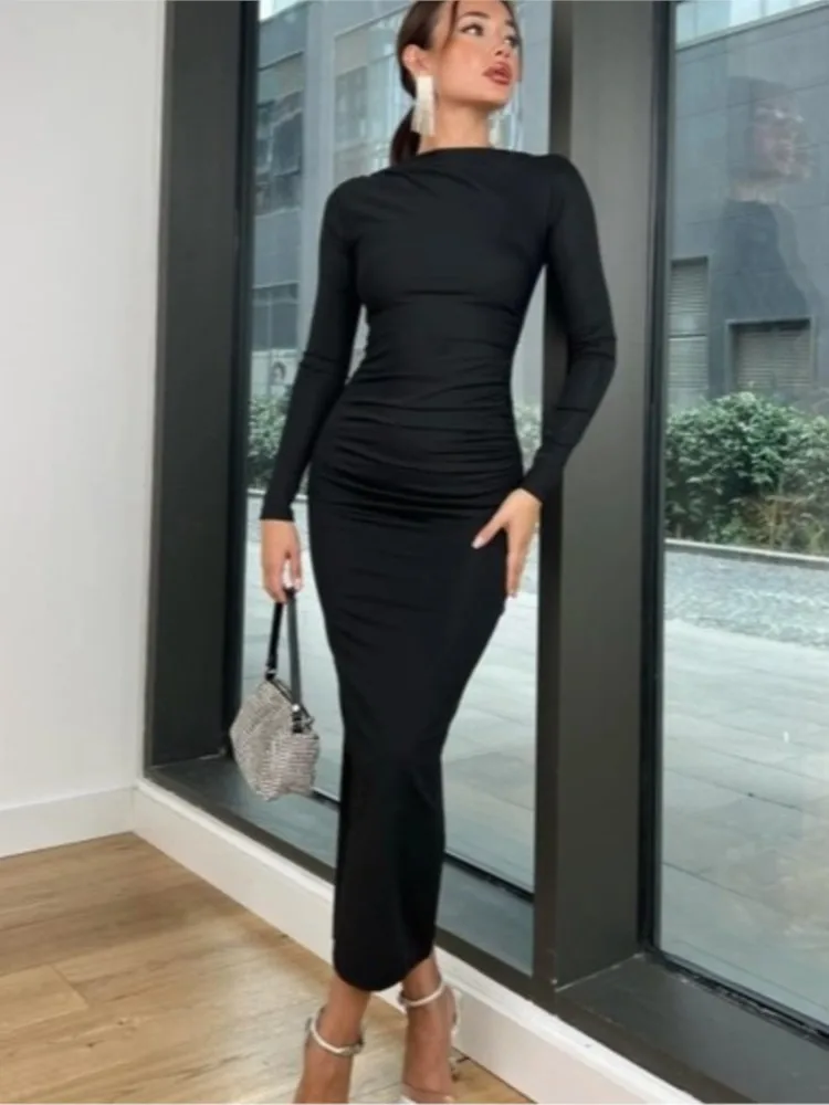 Y2k jednolity kolor Bodycon długa sukienka na imprezę z długim rękawem, dopasowane do bioder wąskie, Maxi sukienki dla kobiet eleganckie Vestidos Para Mujer