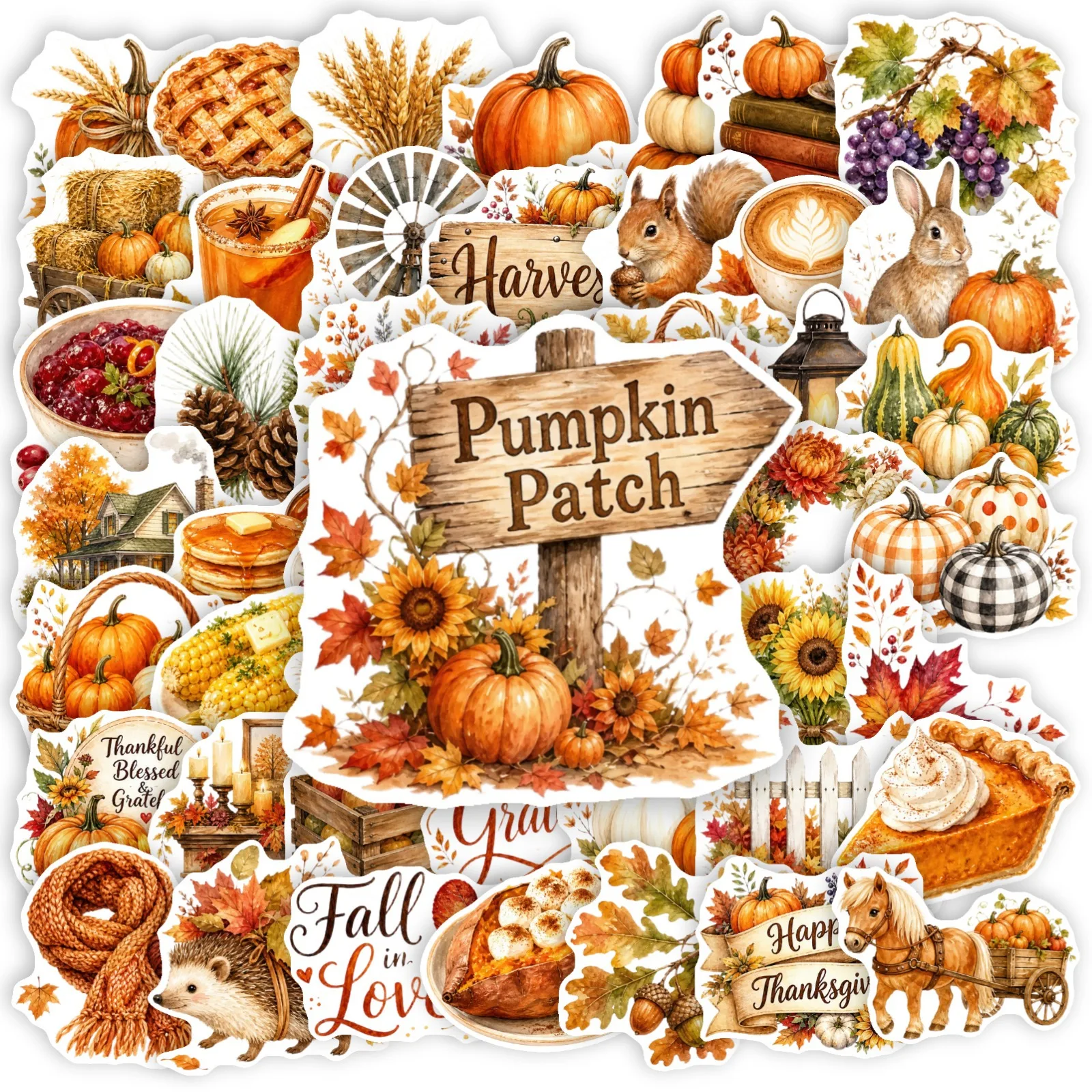 50 PCS Thanksgiving Autumn Pumpkin Turkey Harvest Theme Stickers Decorate Hand Account Luggage Helmet Window Waterproof Decals