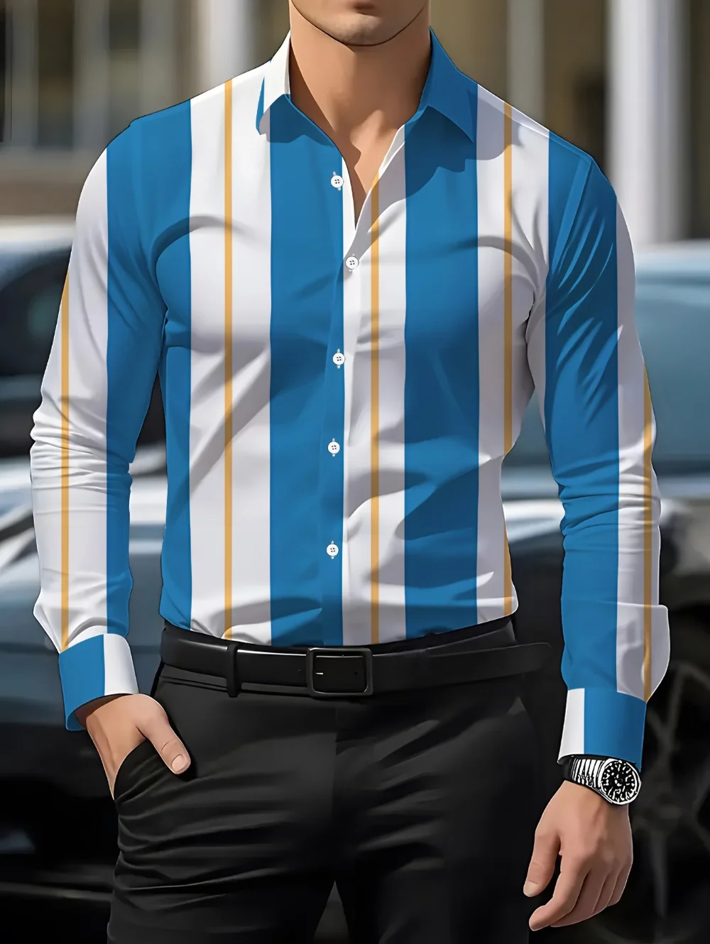 

Men's New Spring and Autumn Button down Shirt 3D Printed Checkered Striped Printed Casual Street Long Sleeved Lapel Men Shirts