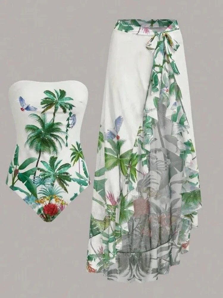 2026 Tropical Jungle Print One Piece Swimsuit Set with Wrap Skirt Women's Bathing Suit & Cover Up Summer Sundress Skirt Swimsuit