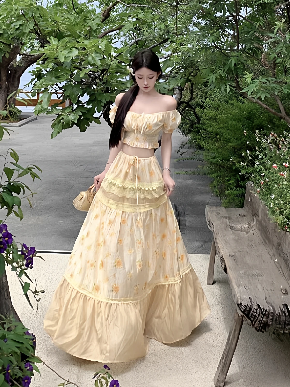 

Летний комплект Ele: вышитый цветочный топ и жилет с кружевными рукавами-фонариками, укороченный топ и юбка для женщин, модный повседневный стиль