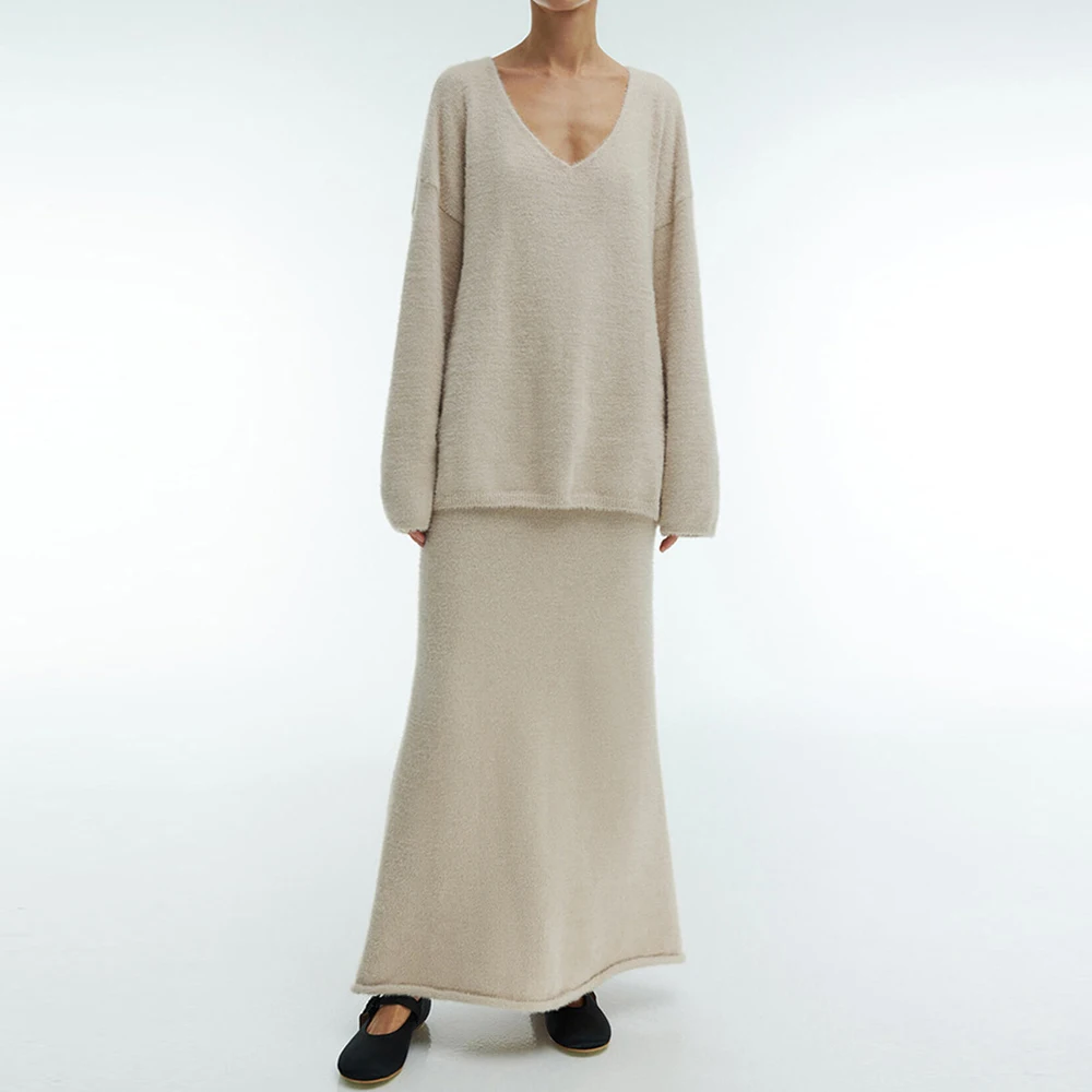 

Женский свитер из норковой шерсти с v-образным вырезом, вязаный осенне-зимний простой комплект с юбкой в европейском и американском стиле