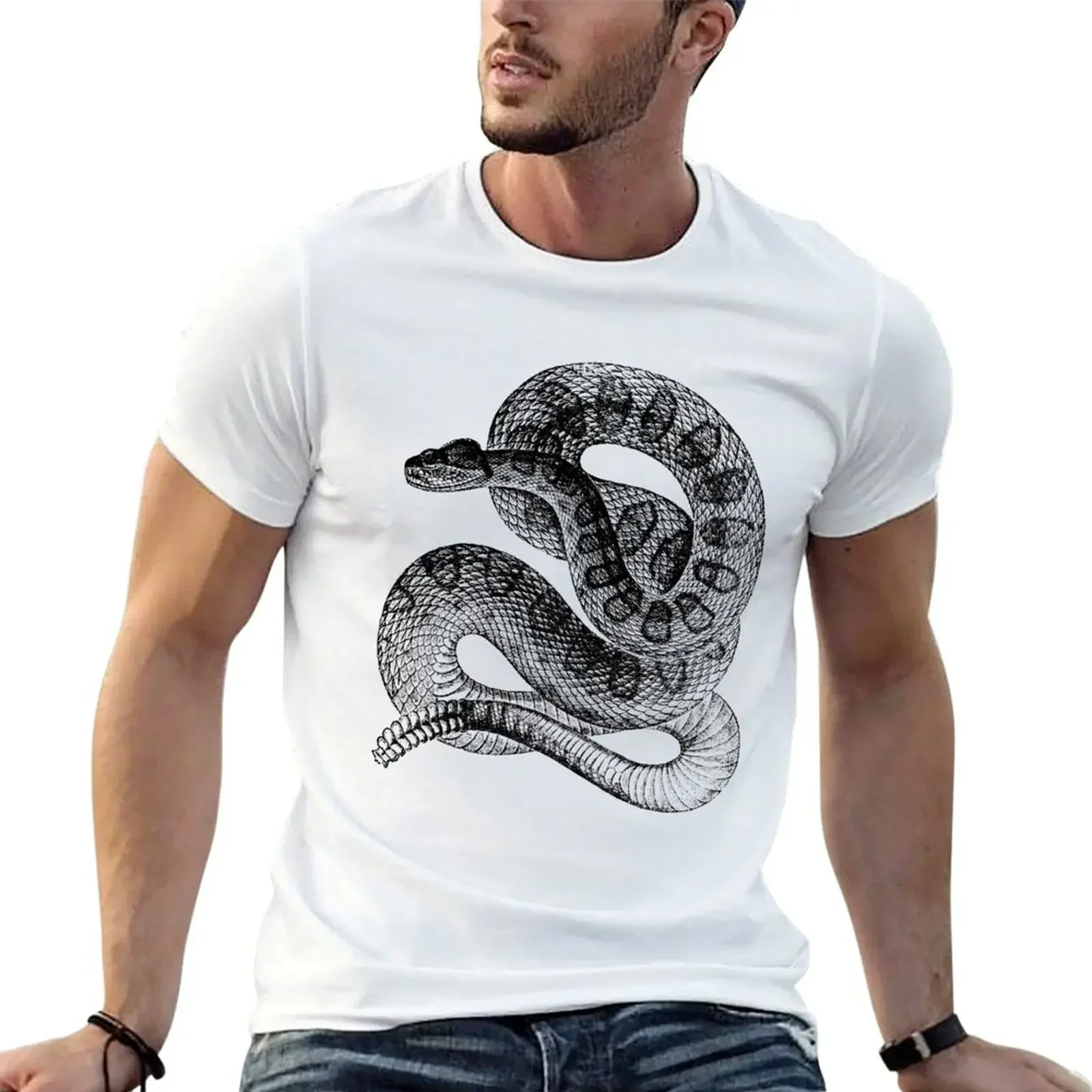 Vintage Rattlesnake Illustration Retro 1800s Black and White Poisonous Snakes Image T-Shirt cute clothes customizeds t shirt men