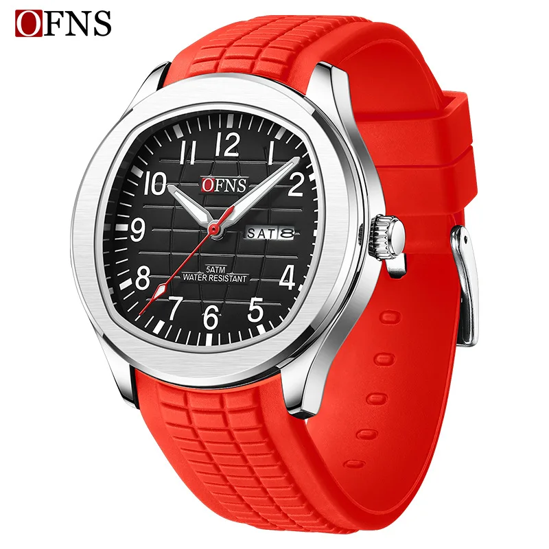 OFNS 8018 Men's Quartz Watch Fashion and Leisure Double Calendar Waterproof Silicone Wristwatch for Male