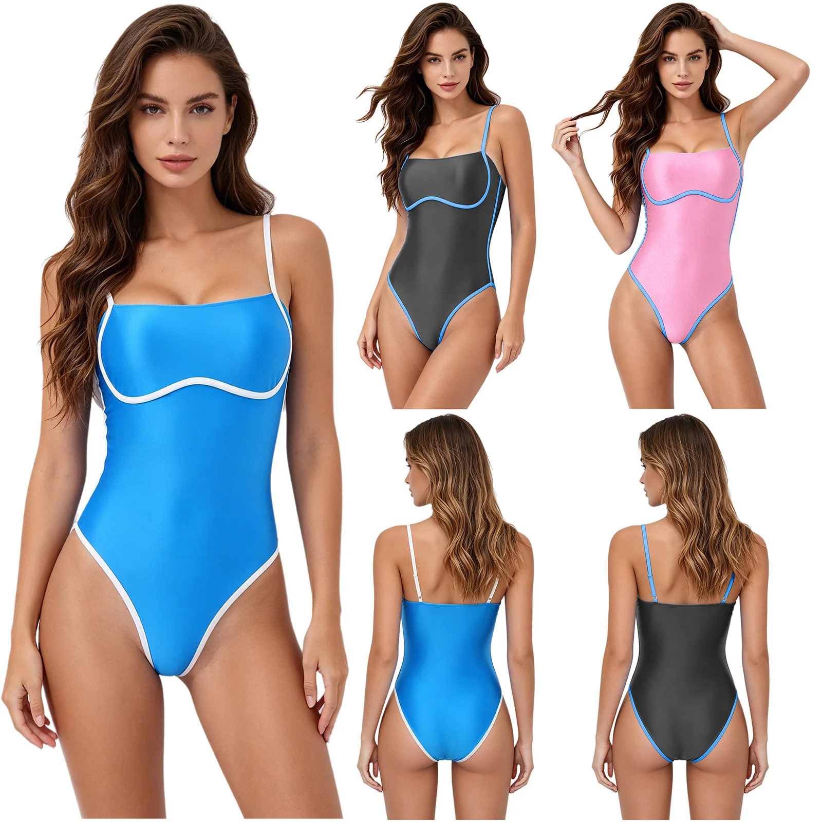 Damen Satin-Bodysuit Monokini Bademode mit Bügel, hoch geschnittener Badeanzug mit eckigem Ausschnitt, verstellbare Träger, einteiliger Badeanzug – Detail 2