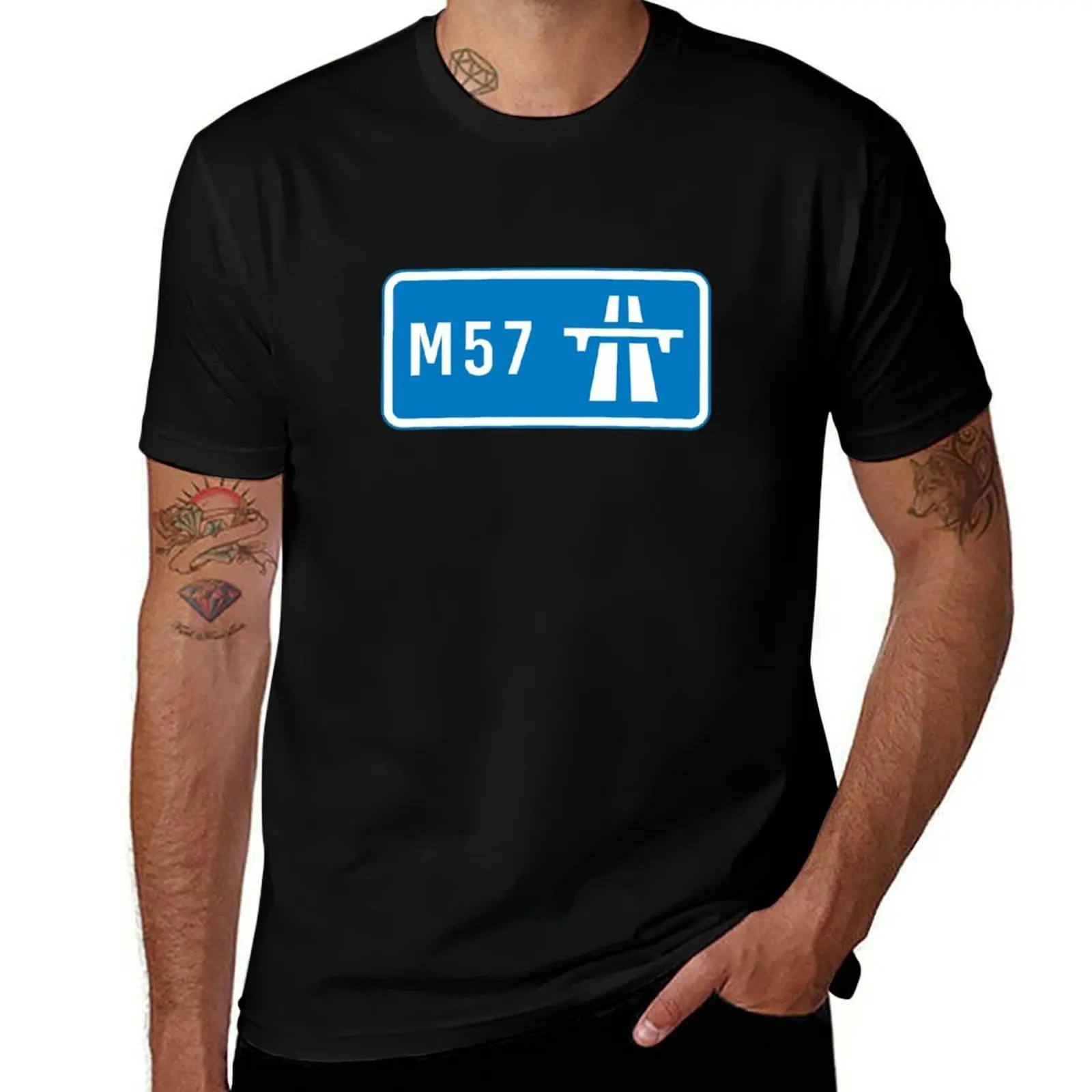 Merseyside Bound - Blue M57 Motorway Sign T-Shirt Stylish Graphic Short Sleeve Top T-Shirt
