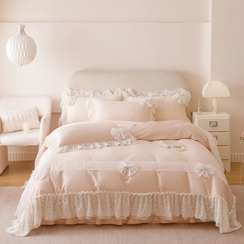 Double Layer Lace Ruffles Bow Princess Wedding Bedding Set 600TC Egyptian Cotton Duvet Cover Set Bed Skirt Bedspread Pillowcases