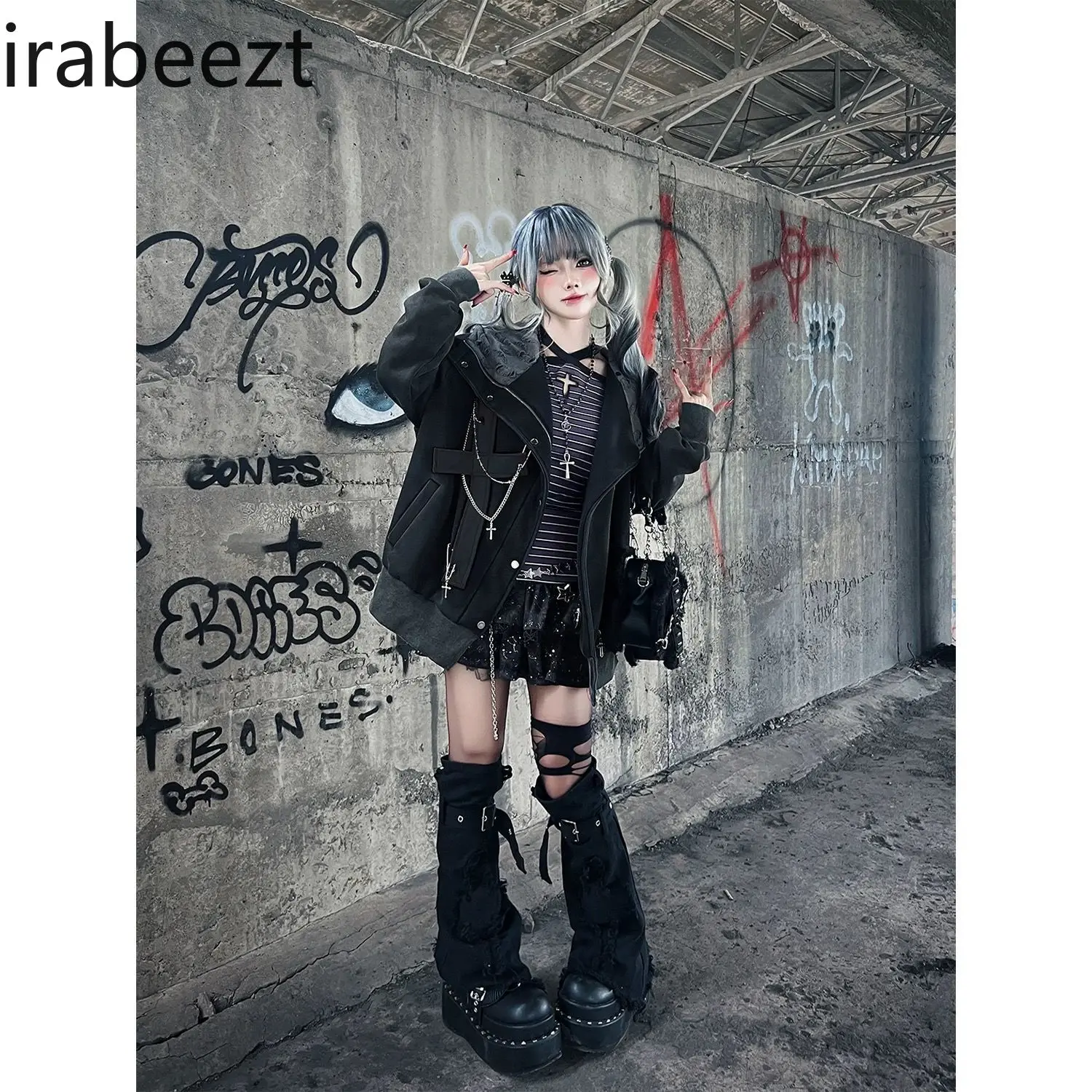 ثقافة فرعية الحلو التوابل الألفية الشرير سلسلة داكنة الصليب زائد الصوف القط الأذن معطف هوديي معطف سوداديراس الفقرة موهير