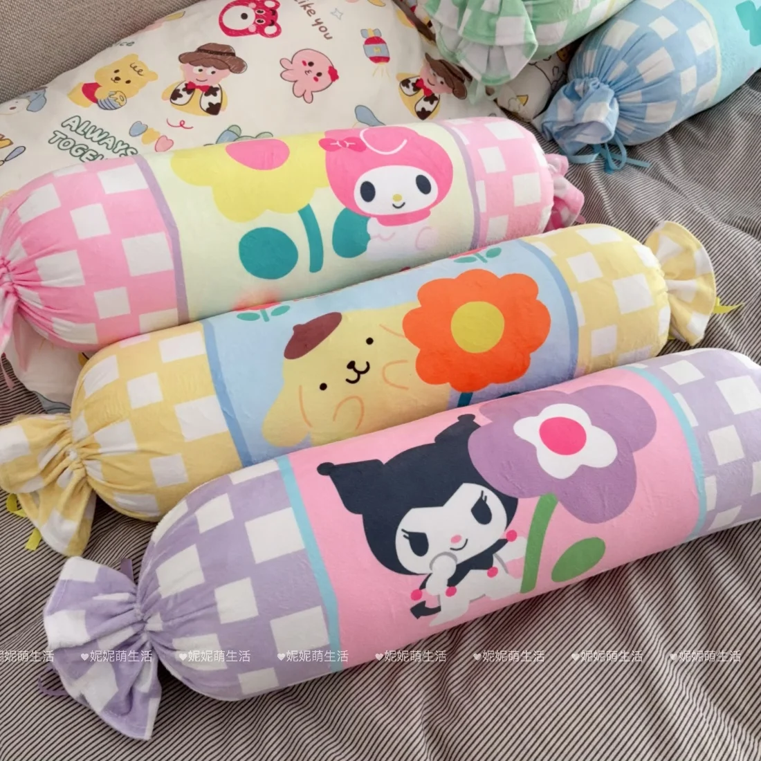 

Cartoon Candy Shaped Long Plush Toy Soft Stuffed Anime Hello Kitty Pom Pom Purin My Melody Back Cushion Home Decor Washable