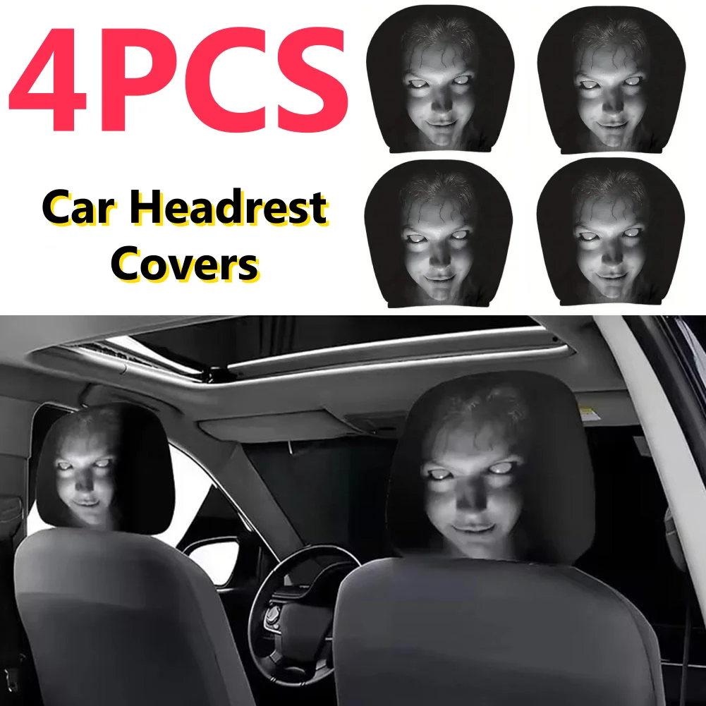 4/1Pcs Car Headrest Covers Universal Elastic Fit Horror Theme Skull Design Funny Playful   Seat Protectors Car Accessories