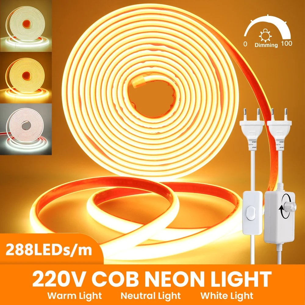 Dimmable COB Neon LED Strip High Brightness 288Leds/M IP67 Adhesive Tape Flexible Ribbon With Switch/Dimmer EU Plug Home Decor