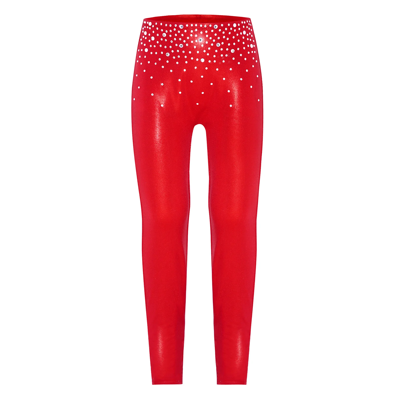 

Kids Girls Figure Skating Dance Performance Costume Sparkling Rhinestones Metallic Pants Elastic Waistband Gymnastics Leggings