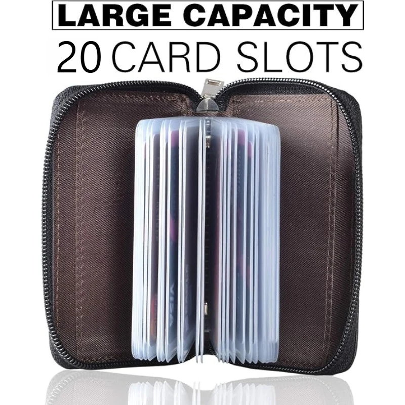 RFID 20 Slots Leather Credit Card Holder Zipper Small Wallet for Women or Men Holiday Gift(BLACK, COFFEE)