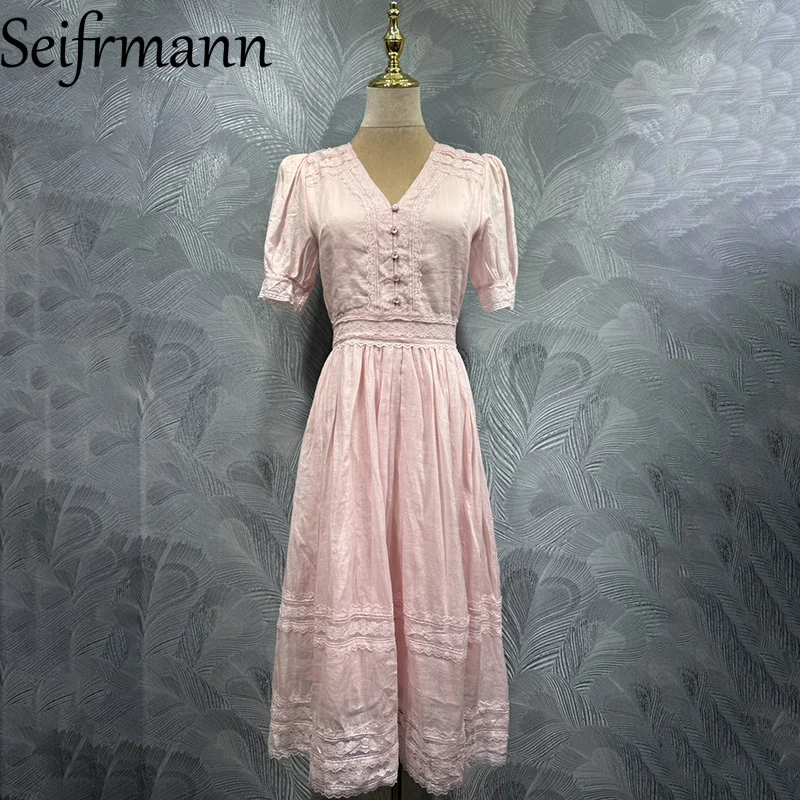 

Seifrmann 2026 Spring Women's New Fashion V-neck Short Sleeve Splicing Lace Waist cinching Solid Color Dress