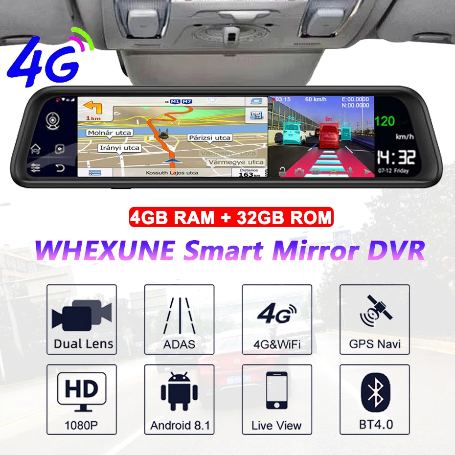 8.1 Auto Dashcam 12 Inch 4G Android GPS Navigator ADAS Car Rearview Mirror Camera FHD 1080P Video Recorder DVRs WiFi BT 4GB+32GB