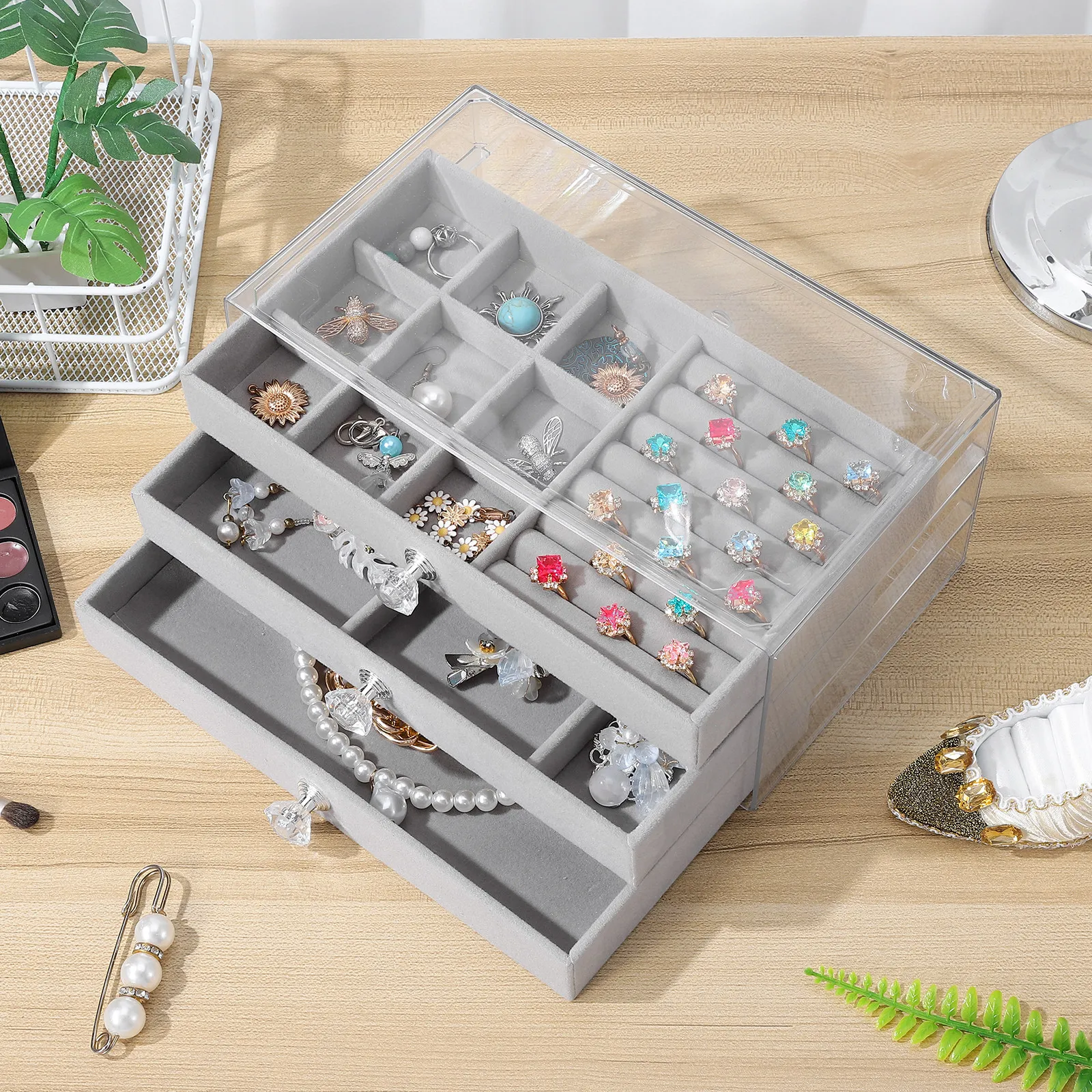 

Многофункциональный акриловый органайзер для украшений с 3 ящиками, прозрачный контейнер для хранения колец, серег, ожерелий, для туалетного столика
