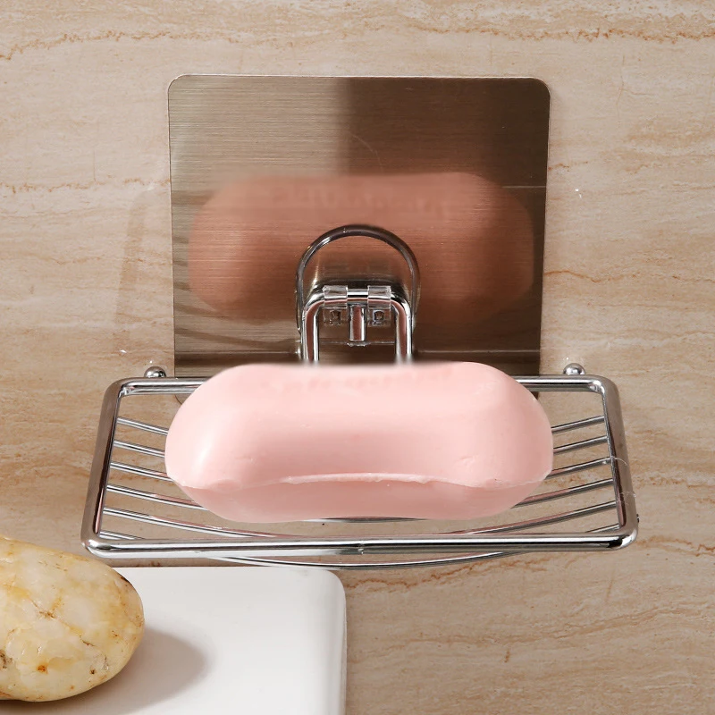 1Pc Stainless Steel Soap Rack Punch-Free Nail-Free Bathroom Single Layer Drain Wall Hanging Sucker Soap Box Light Luxury Shelf