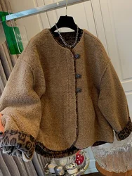 Women Fashion O-Neck Single Breasted Long Sleeve Jacket Autumn Winter Leopard Coat Female High Street Warm Jacket