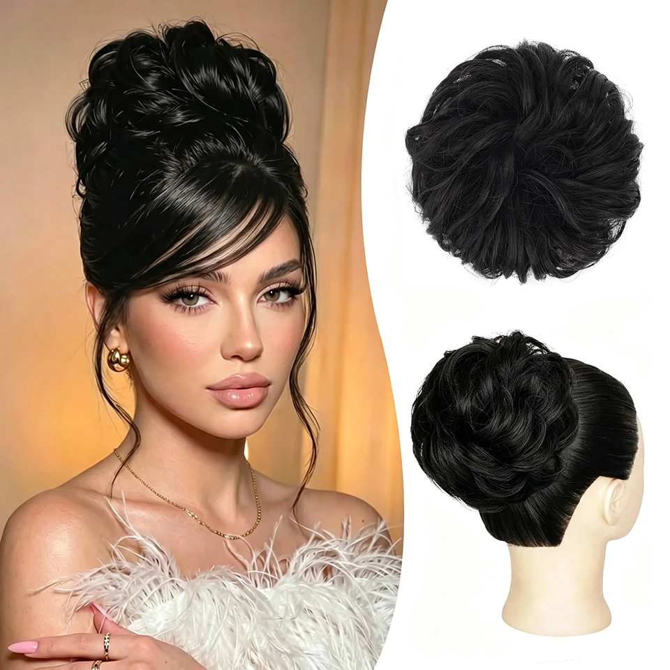 1PCS Synthetic Messy Bun Hair Piece Wavy Curly Thick Updo Hairpiece Soft Natural Looking Large Chignon Elastic Hair Extensions