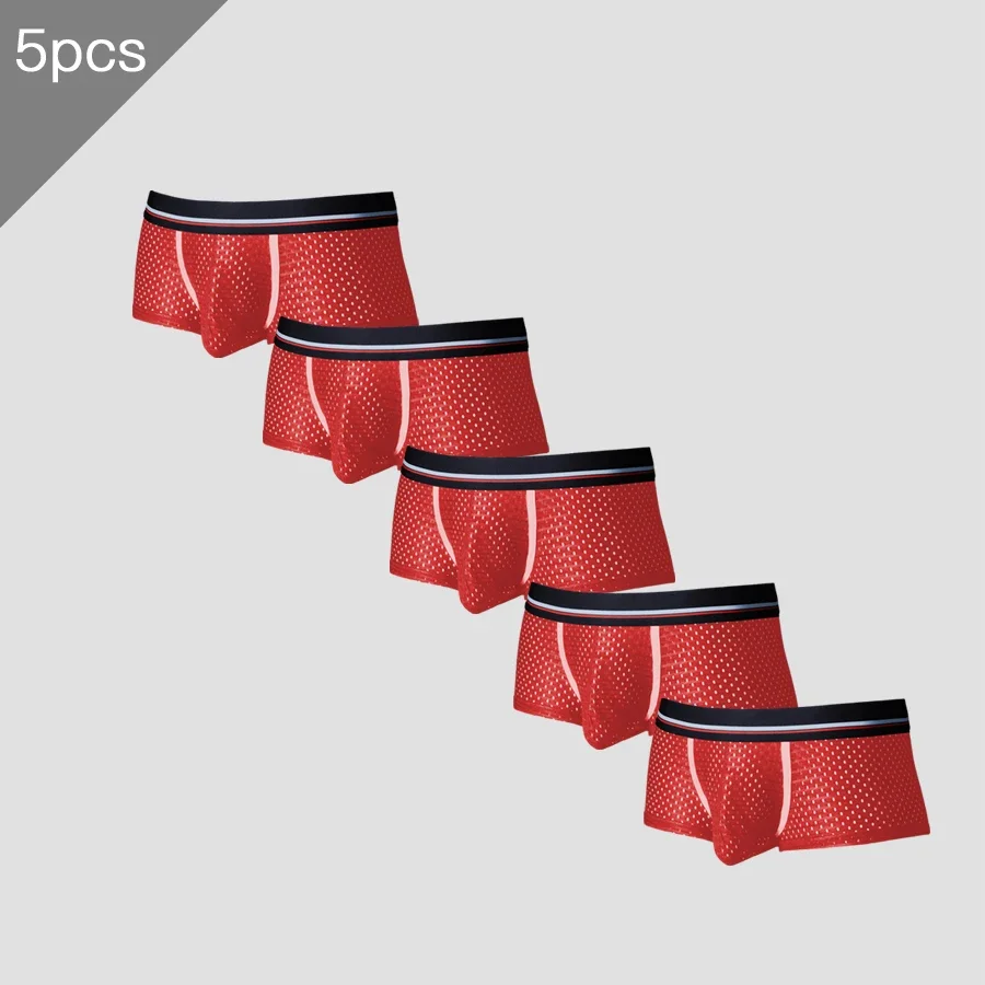 5PCS Men's ice silk underpants with mesh, thin and breathable in summer, U-convex flat corner, short underpants and waistband