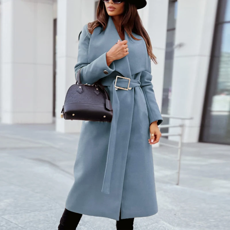 Casual Women Turn-down Collar Woolen Coats Autumn Winter Simple Long Sleeves Outwear Elegant  Buttons Belt Slim Solid Outwear