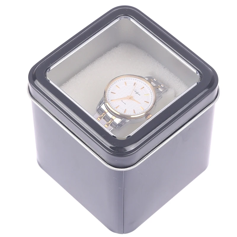 8CM Square Black Watch Organizer Box Show Holder Tinplate Can Metal Sealed Jewelry Gift Box Display Case With Cushion