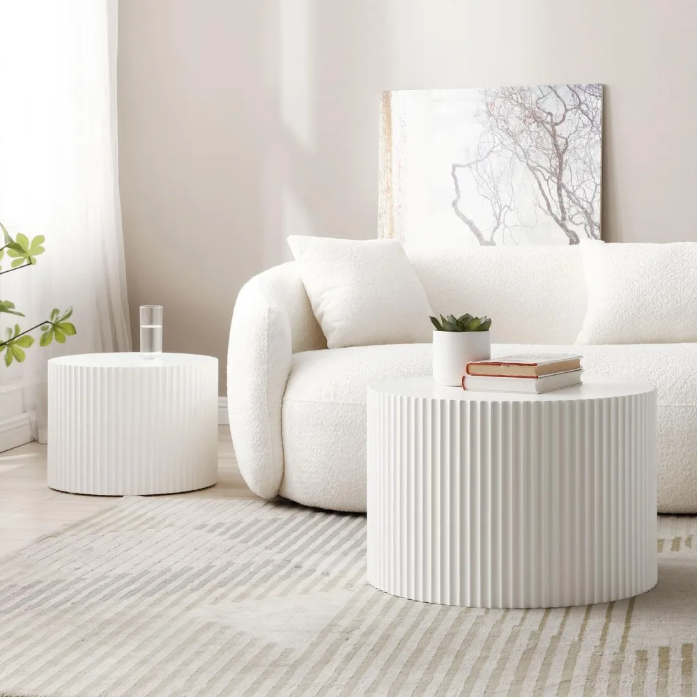 طاولات قهوة متداخلة باللون الأبيض الحديث مكونة من قطعتين - أثاث دائري لغرف المعيشة الصغيرة #4