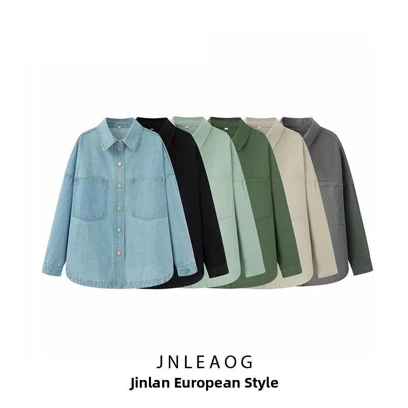 

JNLEAOG Autumn New Women's Loose Denim irt Jaet Vintage Sle Long Sve Polyester Fabric Resistant to Deformation