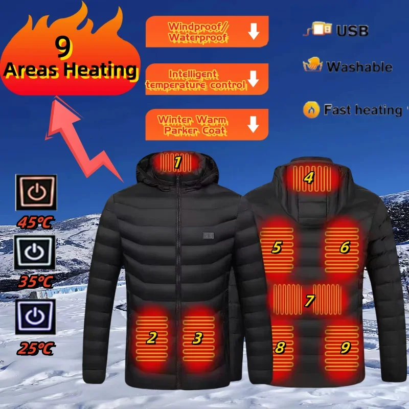 Chaqueta calefactora de doble Control para hombre, abrigo de algodón para exteriores, a prueba de viento/impermeable, para montañismo, esquí y Lucio, 9 zonas, para invierno, 2024