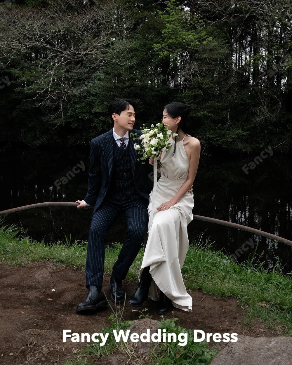 Fantasia elegante mulher vestido a linha coreia vestido de casamento sessão de fotos halter sem mangas até o chão vestido de noiva personalizado