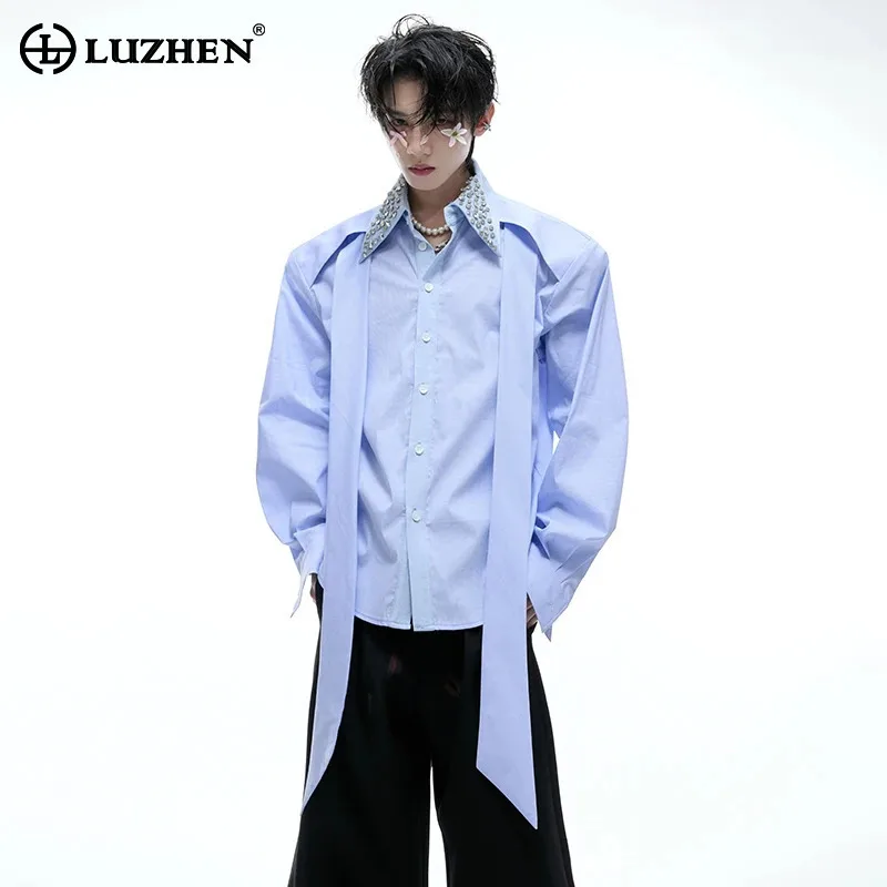 LUZHEN 2025 Spring New Original Big Neck Diamond Patchwork Long Sleeve Shirts Men's Fashion Handsome Ribbon Decorate Tops JY3549