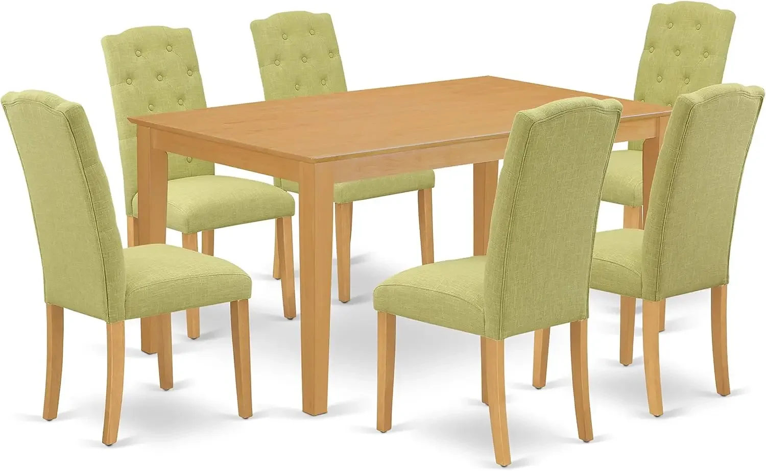 7 Piece Room Furniture Set Consist of a Rectangle Dining Table and 6 Limelight Linen Fabric Upholstered Chairs, 36x60 Inch, Oak