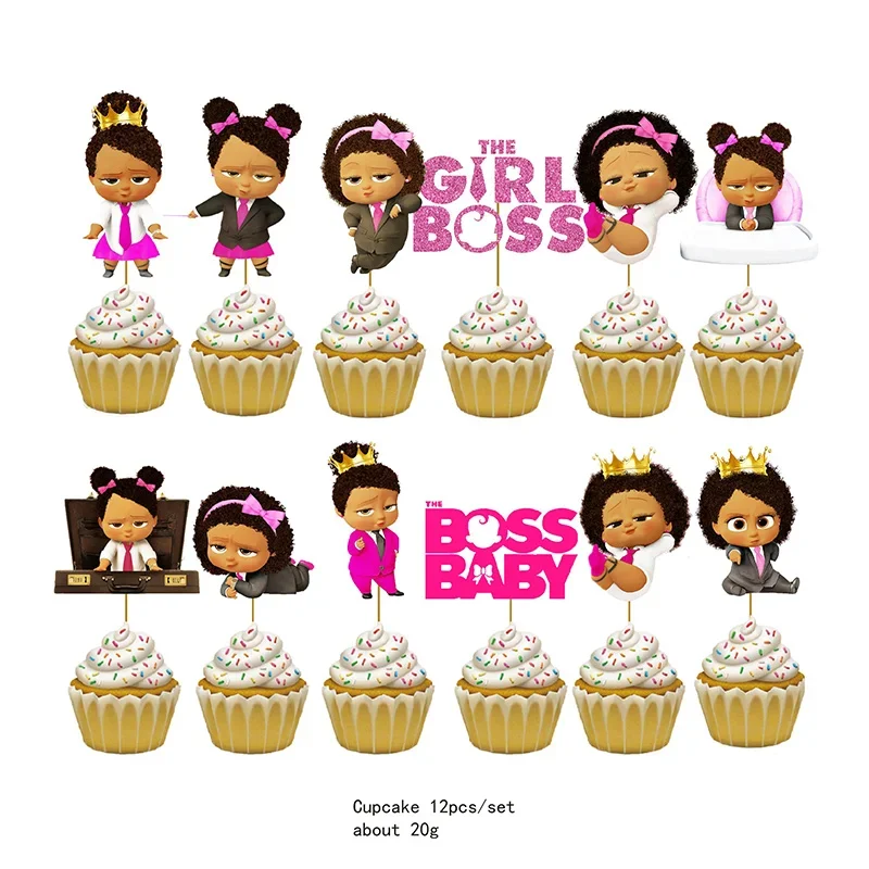 Black Girl baby boss Bomboniera a tema compleanno Articoli per feste Set per feste Bicchiere di carta Piatto Borsa regalo Tovagliolo Bandiera Torta