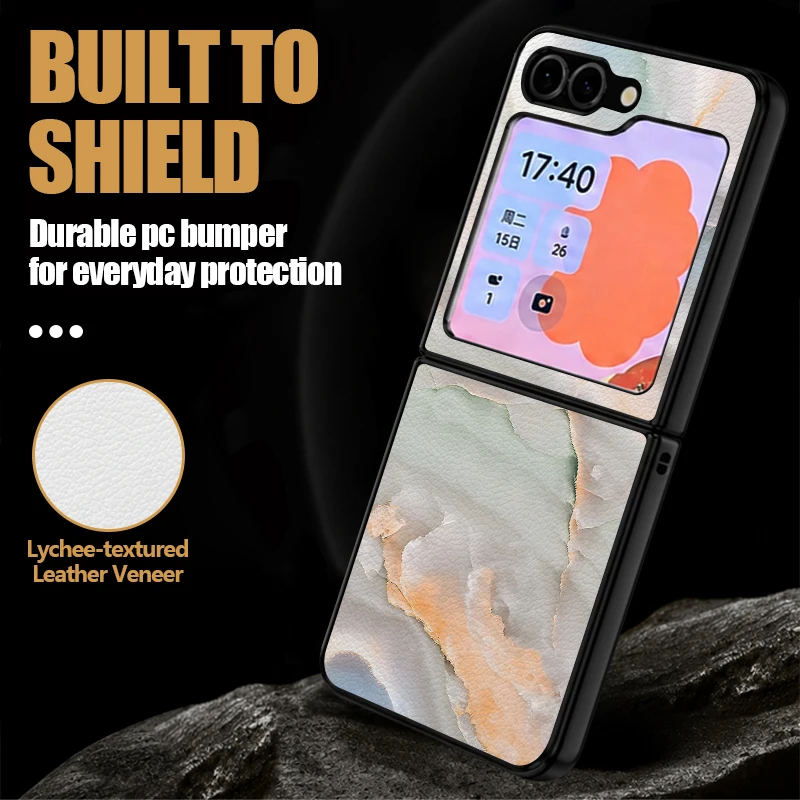 Ink Wash Marble Printed Leather Texture Phone Case For Samsung Galaxy Z Flip8 Flip7 FE Flip6 Flip5 Flip4 Flip3 5G Hard PC Cover view 2