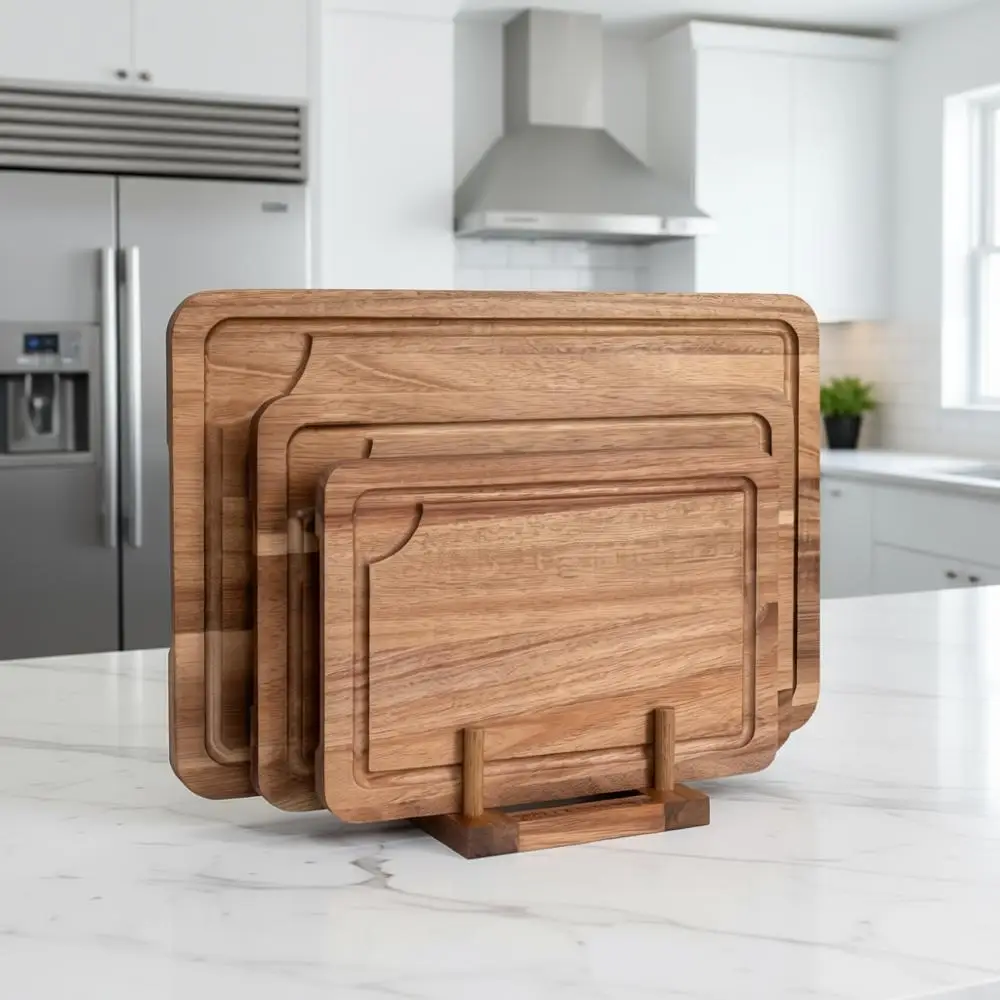 

3-Piece Wooden Chopping Board Set with Stand, Juice Groove & Handles for Kitchen Use (Small, Medium, Large)