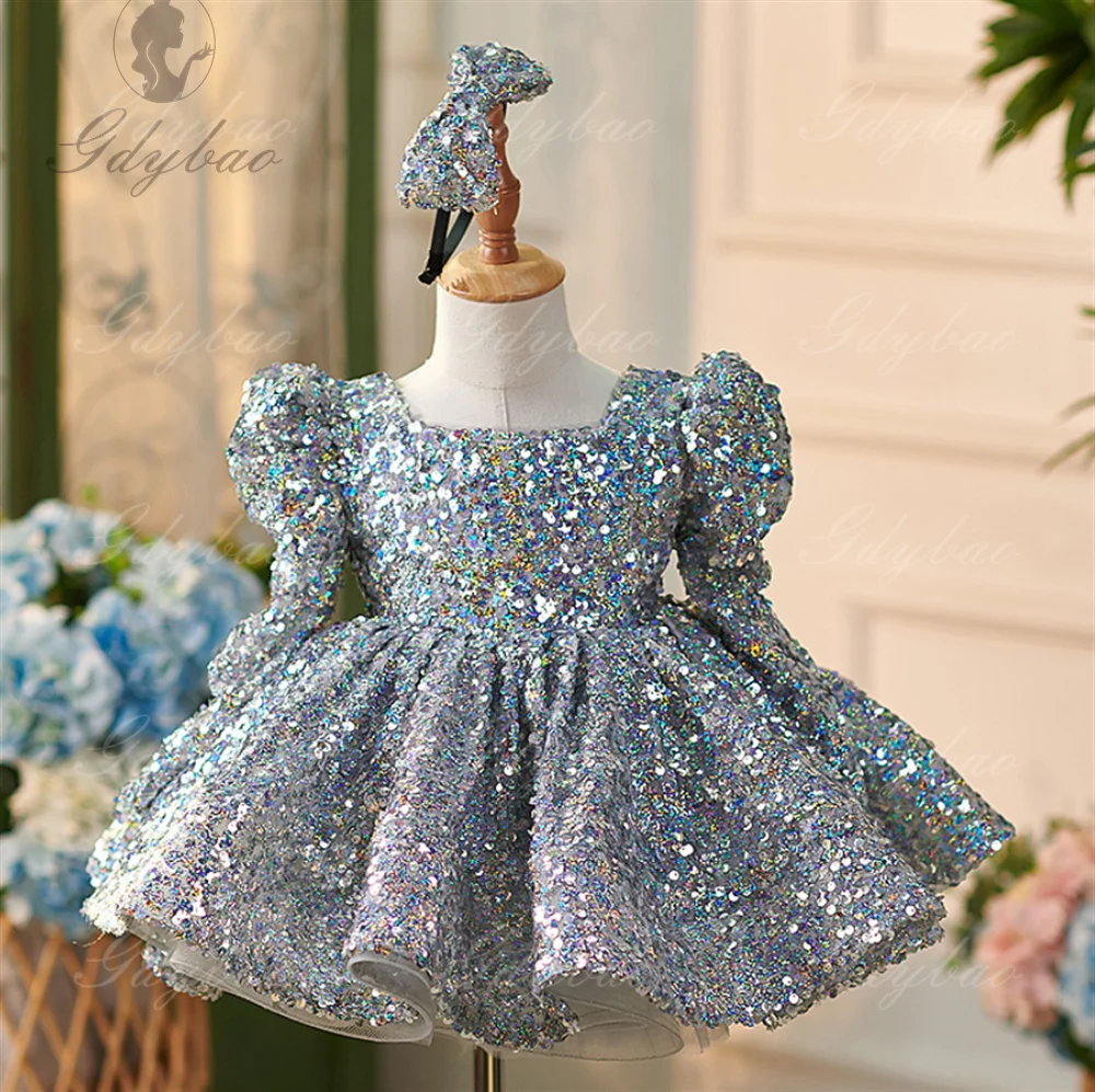 فستان بناتي مزين بالترتر الفضي بأكمام طويلة منتفخ مناسب لحفلات أعياد الميلاد وحفلات الزفاف والمناسبات الأخرى