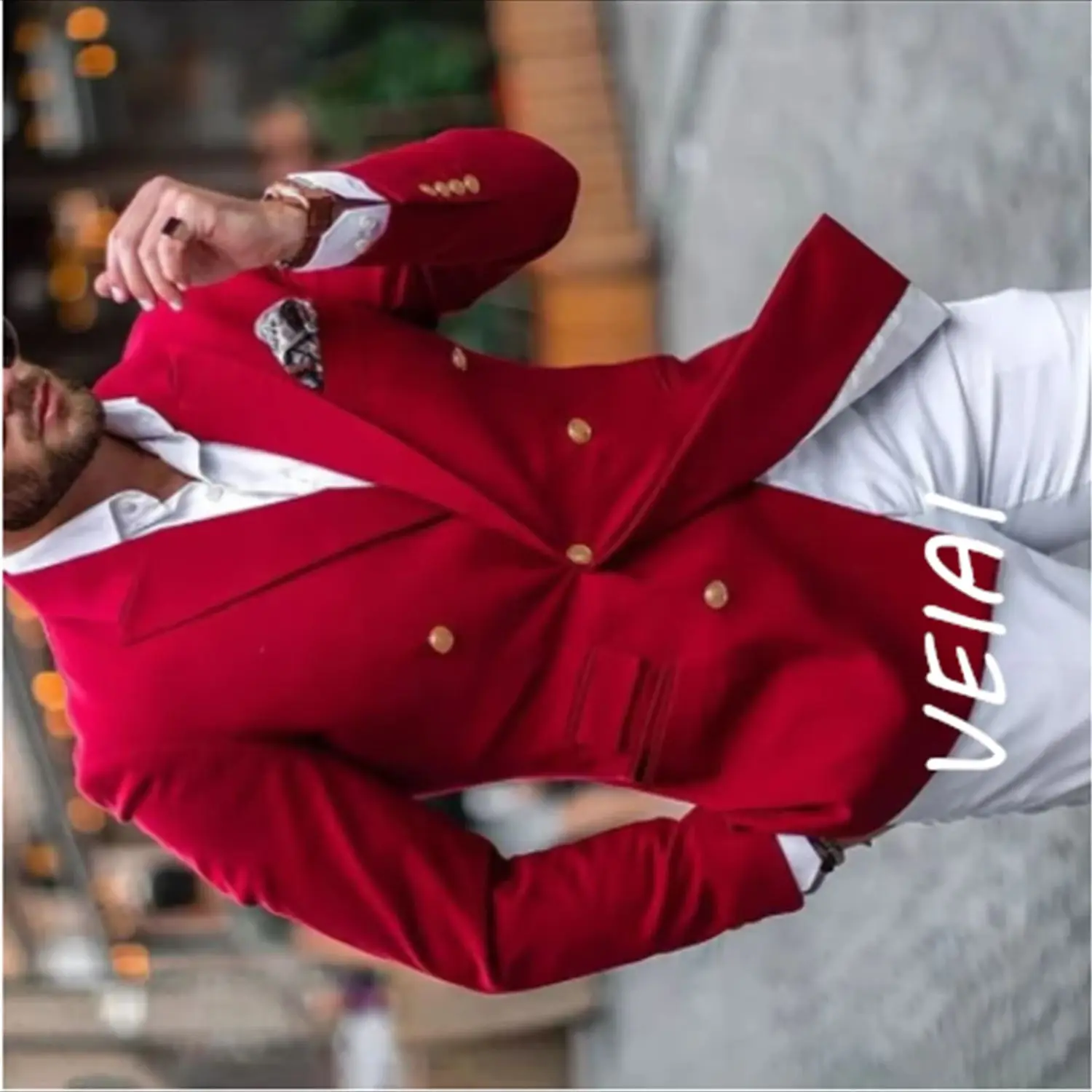 

CustomizedCasual Red Double Breasted Men Suits with White Pants Slim Fit Prom Groom Tuxedos Wedding Wear 2 Pieces Fashion Blazer