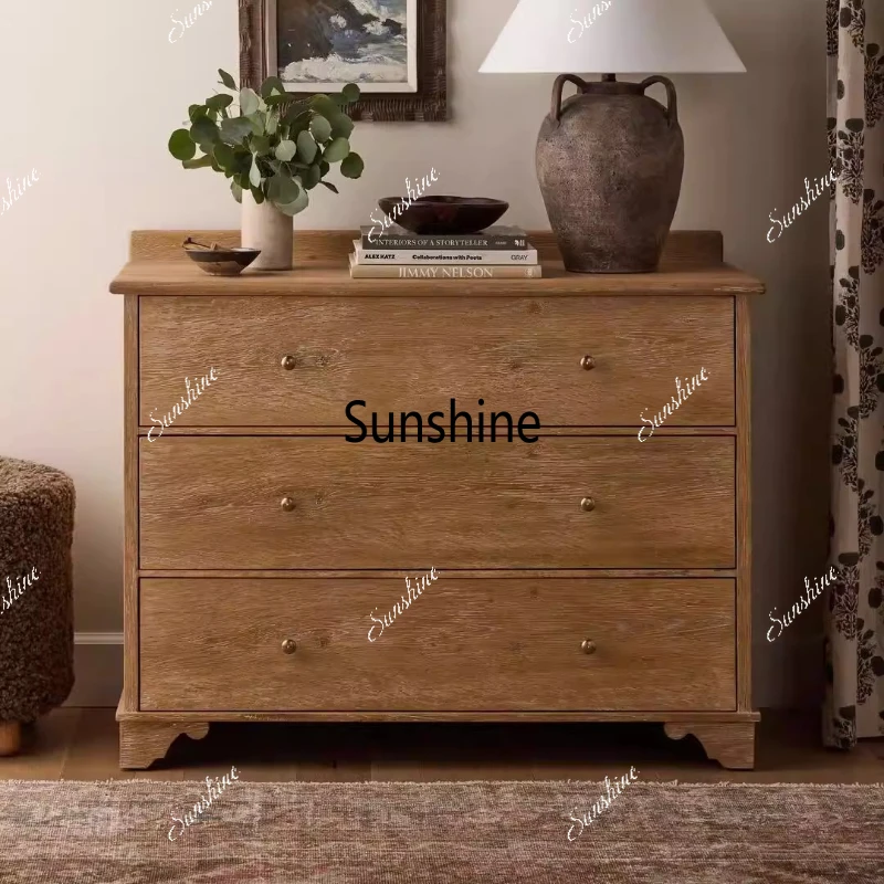 

American country solid wood three-bucket cabinet bedroom retro storage drawer living room