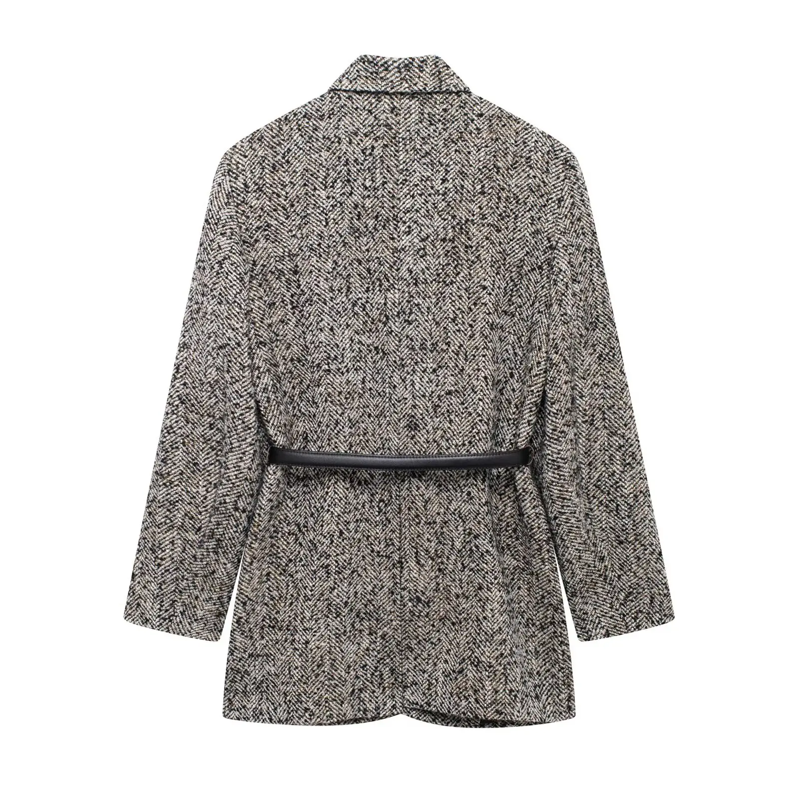 HH Woman's Coats Office Lady Grey Turn-Down Collar Long Sleeves Pockets Belt Single-Breasted Autumn Blazers Woman Trendy