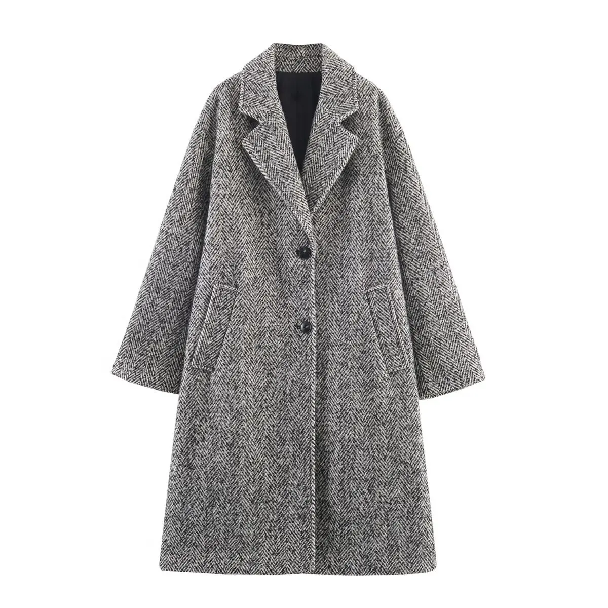 

Autumn and Winter Women's Fashion Herringbone Outwear Casual with Trimmed Pockets Black and White Long Coat with Lapel